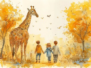 Family on a safari, travel concept, watercolor illustration, warm colors, isolated on white background Minimalism,