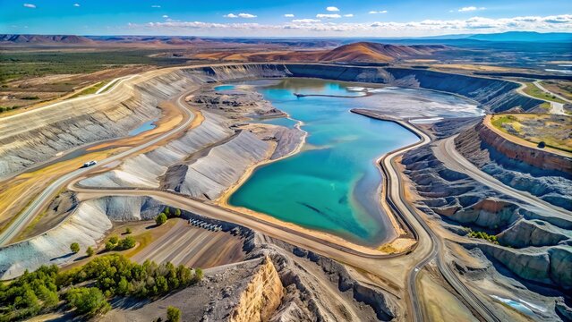 Aerial view of vanadium mine tailings dam, a massive man-made landscape of grayish-blue rocky waste, surrounded by barren terrain and sparse vegetation.