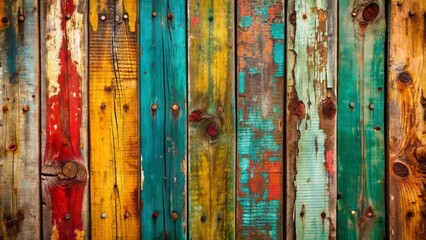 Vibrant, aged wooden planks with cracked, faded paint and rusty metal accents create a distressed, eclectic background full of character and nostalgia.