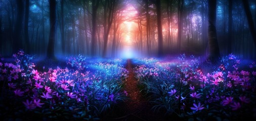 Fototapeta premium A magical forest with vibrant purple and blue flowers illuminated by ethereal light, creating an enchanting and surreal atmosphere.