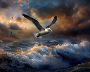 Obraz premium A majestic albatross soars over a stormy ocean with dramatic clouds in the background, capturing the essence of nature's raw power.