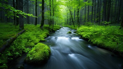 Obraz premium A serene forest stream flows through lush greenery under a canopy of trees, creating a peaceful and refreshing natural scene.