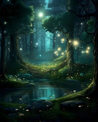 Fantasy landscape with a river and a forest at night - illustration for children