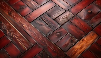 view from above of an old wooden table with a natural dark red wood texture background surface that...
