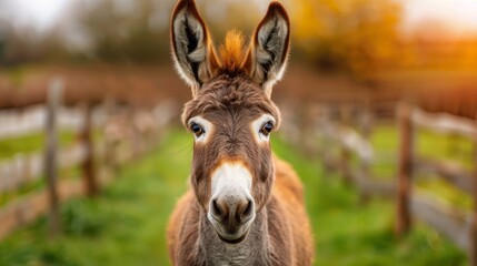 Fototapeta premium A donkey is standing in a field with a fence behind it. The donkey has a brown and white face and is looking at the camera