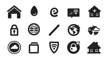 A collection of black icons representing home, security, communication, and technology, ideal for digital design or app interfaces.