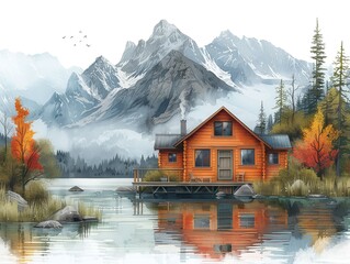 Fototapeta premium Family at a lakeside cabin, travel concept, clip art style, vibrant colors, isolated on white background Minimalism,