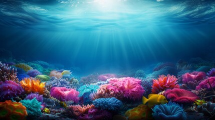 Naklejka premium Colorful coral reef under the ocean with vibrant marine life and sun rays shining down from the surface of the water.