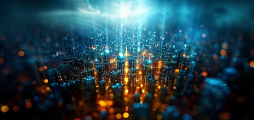 Futuristic cityscape with glowing lights and digital elements, showcasing technology and innovation in urban environments.