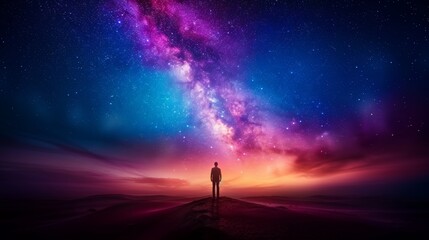 Fototapeta premium Person standing under a vibrant night sky with a colorful Milky Way galaxy visible, evoking wonder and contemplation.