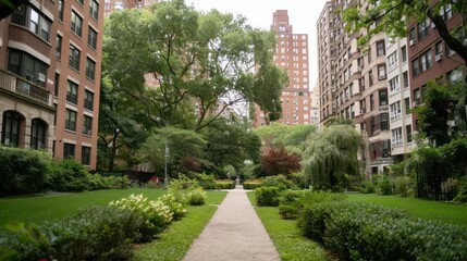 A serene city park surrounded by tall buildings, providing a peaceful urban oasis