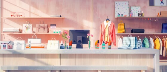 Modern boutique with stylish clothing display, shelves of handbags, and an organized checkout counter with decorative elements.