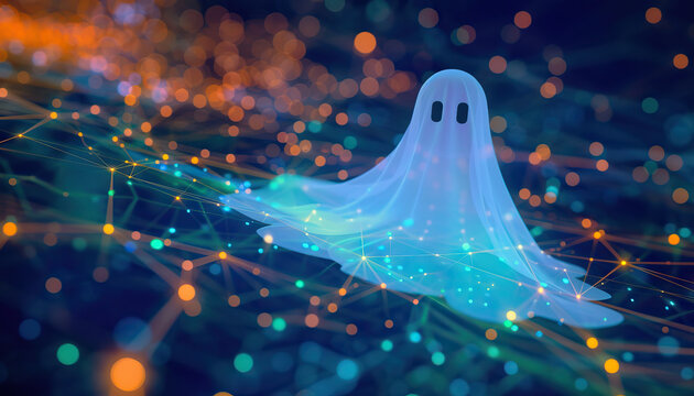 Scammers in the digital age are the phantoms of cyberspace: Depict a ghostly figure floating through a digital landscape, symbolizing how scammers can appear and disappear without a trace online