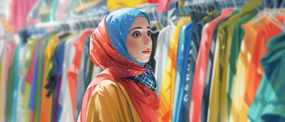 Obraz premium Portrait of a woman wearing a colorful hijab, standing in front of a rack of vibrant clothes in a clothing store, looking thoughtfully.