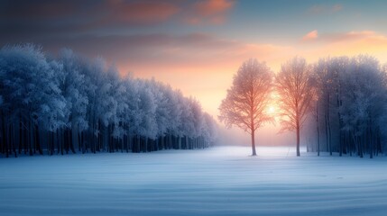 Serene winter landscape with snow-covered trees at sunrise, casting a warm glow on the frosty scene, blending beauty and tranquility.