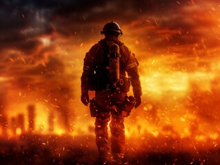 Naklejka premium Silhouette of a firefighter in action against a raging inferno, showcasing bravery and resilience in a fire emergency.