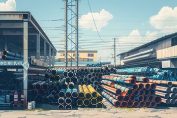 Stacked pipes arranged in an industrial yard under a clear sky, showcasing construction materials and urban infrastructure.