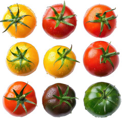 Fototapeta premium Colorful Tomatoes - Various Colorful Tomatoes Creatively Arranged , Highlighting Their Textures for Weight Loss. Isolated on a Transparent Background. Cutout PNG.