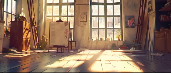 Sunlit artist's studio with wooden floor, easels, and large windows casting warm light, inspiring creative atmosphere.
