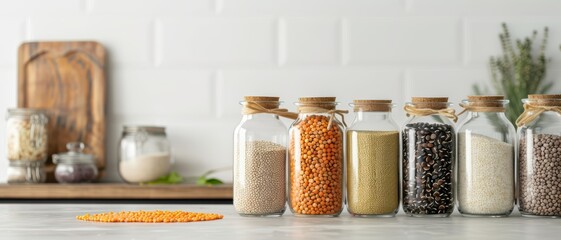 Assorted Grains and Legumes in Glass Jars on Kitchen Counter with White Tile Backsplash
