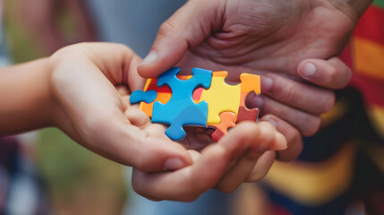 Puzzle as a symbol of the autism spectrum Family Support. image portrays a family holding hands, engaged in supportive activities.