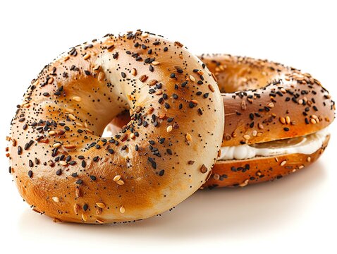 Bagel with cream cheese, popular food, clip art style, light colors, isolated on white background Minimalism,