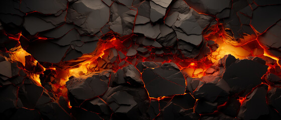 Abstract topographic pattern in charcoal and black . Ancient Precambrian rock formations with glowing lava fissures. Graphic resource background and wallpaper