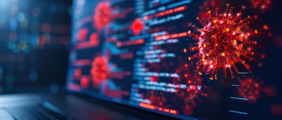 Digital Representation of Virus Cells on Computer Screen with Code in Background