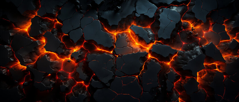 Abstract topographic pattern in charcoal and black . Ancient Precambrian rock formations with glowing lava fissures. Graphic resource background and wallpaper