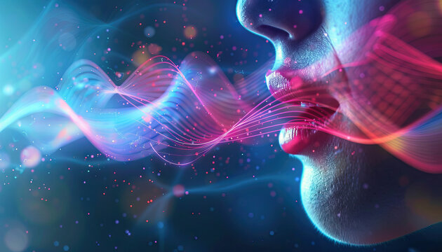 Deceit is the echo of digital scammers: Visualize sound waves emanating from a scammer's mouth, forming deceptive messages that reverberate through the digital world