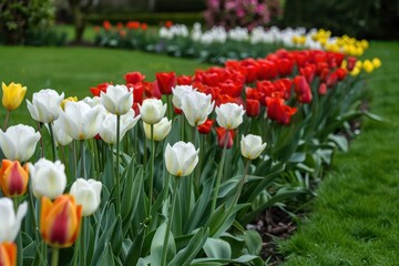 Rows of tulips and daffodils create a stunning display in the meticulously maintained flower garden