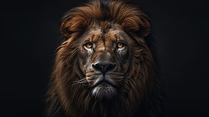 Fototapeta premium A majestic lion with its head raised, looking straight ahead in the dark. The background is black and the face of an African Lion is illuminated. The photo was taken using 