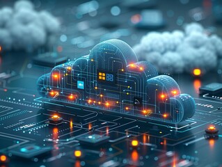 Cloud computing concept with interconnected devices illustration, ideal for tech blogs or presentations on data storage solutions. Minimalism,
