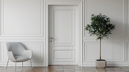 white door in the interior, minimalism, white walls with panels, one chair on chrome legs nearby, there is also an indoor tree next to it, high resolution photography, high quality photo, high detail,