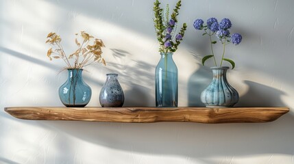 Natural Teak Wood Living Room Shelf Set with Vases for Home Decor