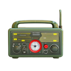 Obraz premium Weather Radio Background Showcasing Its Green Display, Weather Alert Function, and Red Emergency Button.. Isolated on a Transparent Background. Cutout PNG.