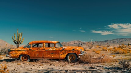 Deserted Yellow Taxi Wreck amidst Cactus Landscape - Abandoned Rusty Car with Wide Copy Space and...