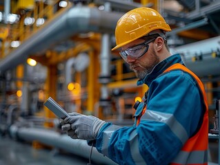Labor engineer examining equipment in a chemical plant. Safety gear, technical machinery. Industrial concept. Minimalism,
