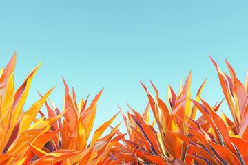 Abstract painting of vibrant orange plants in nature under a blue sky with clouds sweep of beauty and tranquility