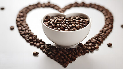 a coffee cup on a white table, with a simple, elegant arrangement of coffee beans forming a heart shape nearby, providing a clean and attractive background with ample space for text