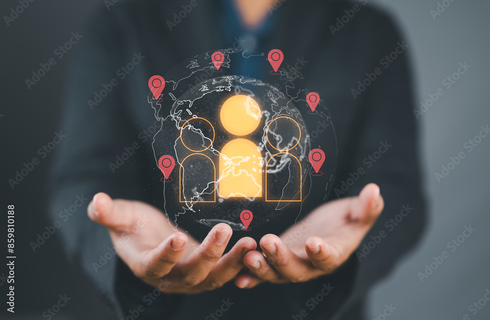 Poster customer relationship management, businessman use tablet with global structure customer network tech