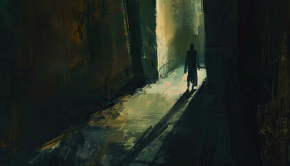 Fear is the lurking shadow in the darkest corners: Visualize a shadowy figure lurking in a dark alleyway, symbolizing the feeling of fear that can creep up unexpectedly in dark or unfamiliar places.