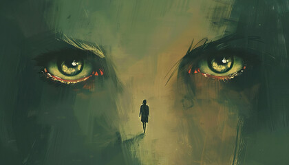 Creepiness is the unsettling feeling of eyes watching: Illustrate a person walking alone, with the sensation of being watched by unseen eyes, symbolizing the eerie feeling of being observed