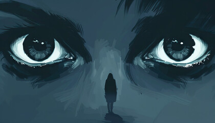 Creepiness is the unsettling feeling of eyes watching: Illustrate a person walking alone, with the sensation of being watched by unseen eyes, symbolizing the eerie feeling of being observed