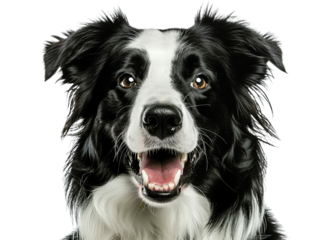A close-up portrait of a smiling border collie with black and white fur. The dog has brown eyes and is looking directly at the camera.