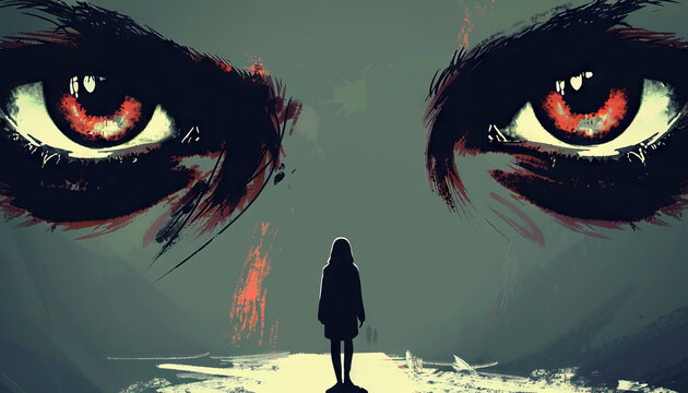 Creepiness is the unsettling feeling of eyes watching: Illustrate a person walking alone, with the sensation of being watched by unseen eyes, symbolizing the eerie feeling of being observed