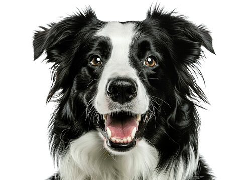 A close-up portrait of a smiling border collie with black and white fur. The dog has brown eyes and is looking directly at the camera.