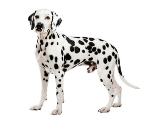 A Dalmatian dog stands alert, its black spots contrasting against its white fur. The dog is looking directly at the camera.