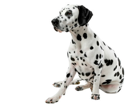 A Dalmatian dog sits with its head turned, looking to the left, with a curious expression.