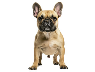 Obraz premium A French Bulldog with brown ears and a serious expression. The dog is looking directly at the camera. The dog is sitting on a white background.